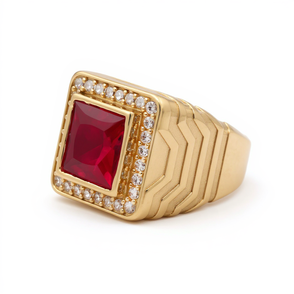 14K Yellow Gold Fashion Square Men's Ring with Red Cz / Size 11 / Weight 11.7 GR / BOMR4FS-38