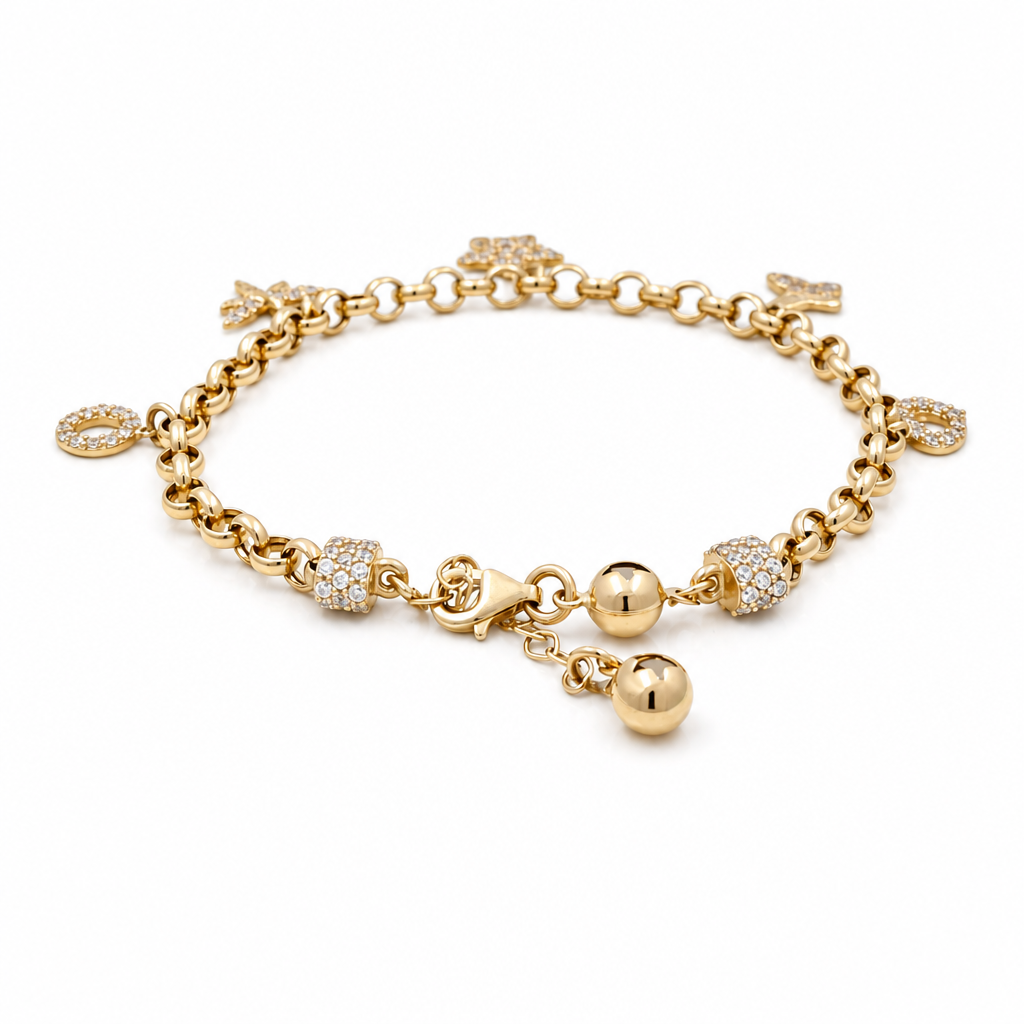 14k Yellow Gold Rolo Link Women's Bracelet with Charms and Cz / Size: 7.5" / Weight: 6.5 GR / CCFWB4FS-15