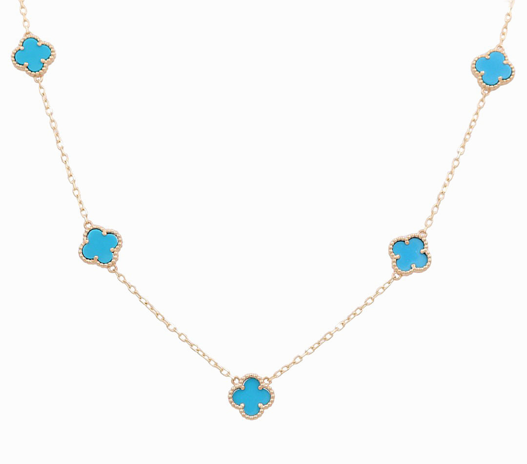 14K Yellow Gold Women's Necklace with 5 Light Blue Clover / Size 18" / Weight 10.3 GR / BONK4CLV-9