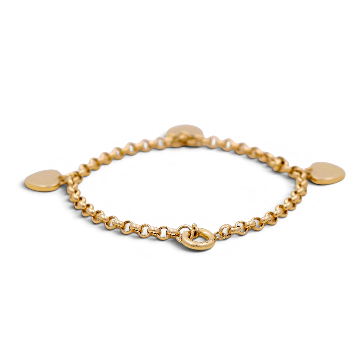 10K Yellow Gold Rolo Women's Bracelet with Three Hearts / Size: 7.5" / Weight: 3.9 GR / B25-13