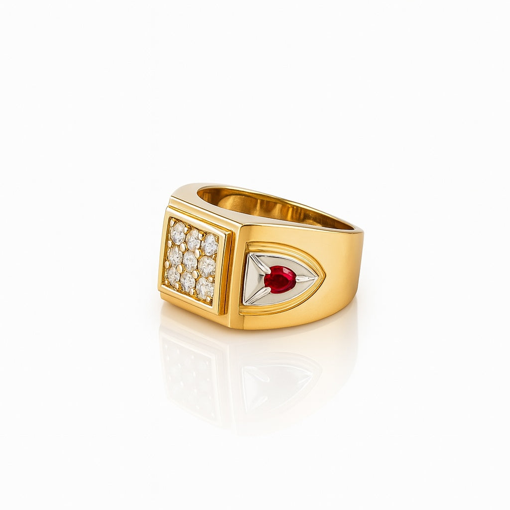 14K Yellow and White Gold Fashion Men's Ring with Red and White Cz / Size: 10.5 / Weight: 6.2 GR / DQMRTT4FS