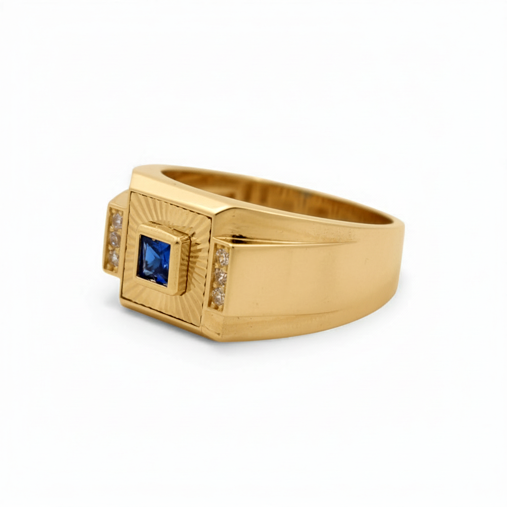 14K Yellow Gold SQ Fashion Men's Ring with Blue Cz / Size: 10.5 / Weight: 4.6 GR / DQMR4FS-4