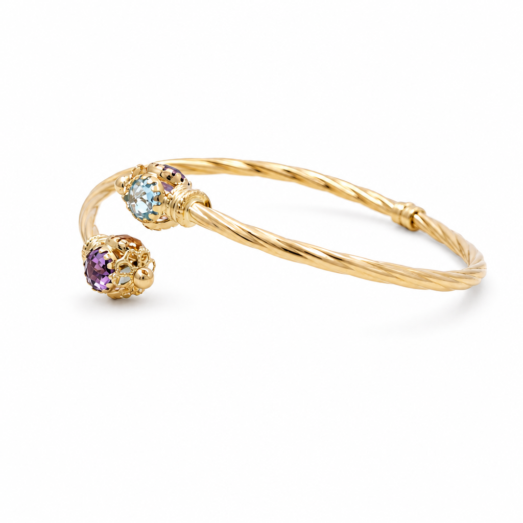 14K Yellow Gold Semisolid Twist Bangle Bracelet with Blue and Purple Cz / Weight:6.7gr / BKC851