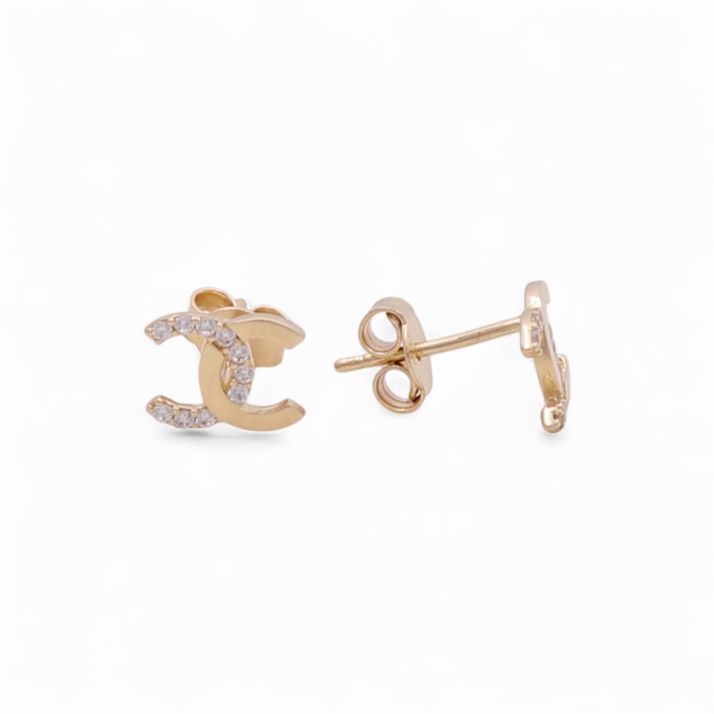 14K Yellow Gold Fashion Small CC Stud Earrings with Cz / Weight: 1.2 GR / DQES4CC-2