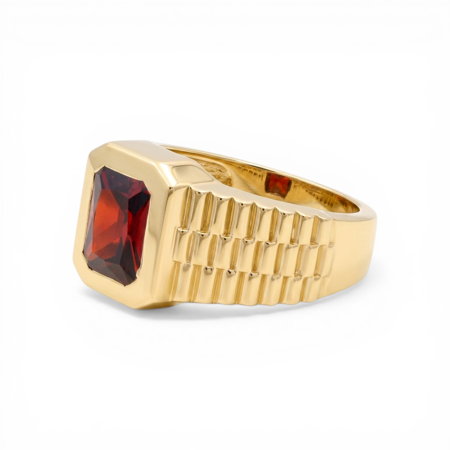 10K Yellow Gold Fashion Men's Ring with Red Cz / Size :11 / Weight: 9.6 GR / CLBMR0FS-10