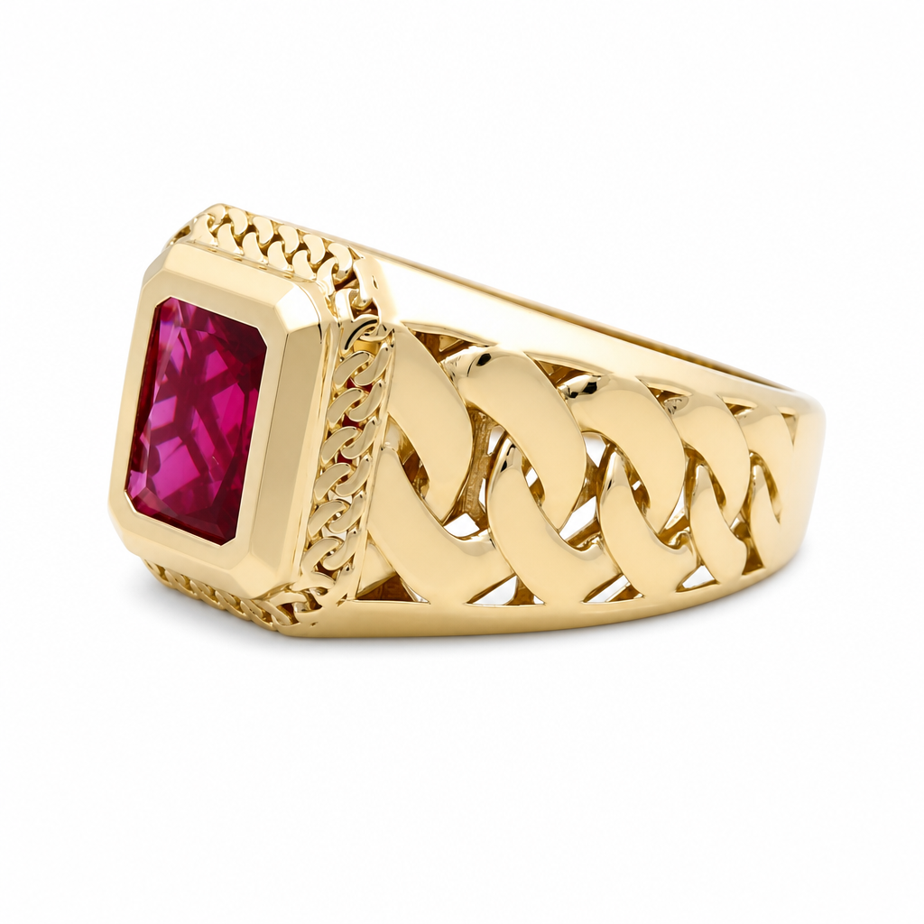 10K Yellow Gold Men's Ring With Red Cz Stone / Size:12 / Weight: 5.7 GR / DQMR0FS-9