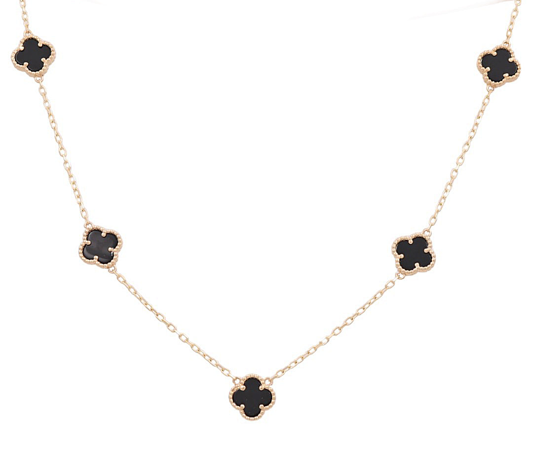 10K Yellow Gold Five Black Clovers Women Necklace / Size: 17" 10MM / Weight: 5.1 GR / P04VN-38
