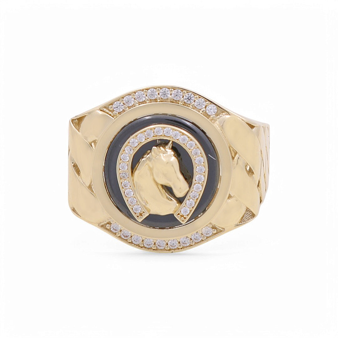 10K Yellow Gold Horseshoe RD Men’s Ring with Onyx Stone / CZ / Size 11 / Weight: 9.5 GR / BPMR0HS
