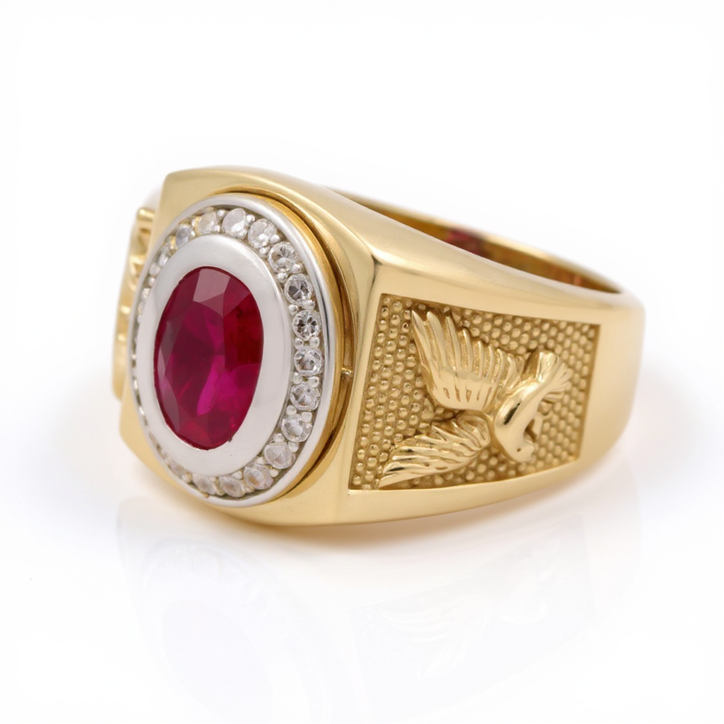 10K Yellow Gold Men’s Red Stone Ring w/ Side Eagle / Cz / Size 10.5 / Weight: 6.2 GR /CQMR0FS-2