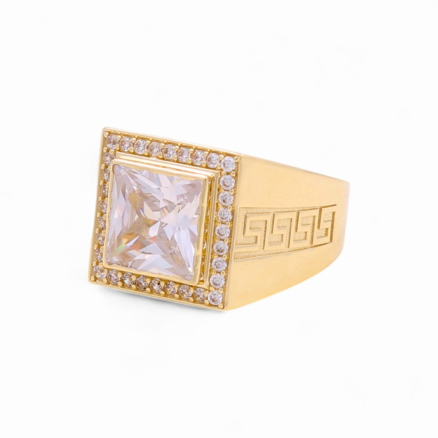 14K Yellow Gold Square Men's Greek Ring with and White Cz / Size 11 / Weight 8.6 GR / BOMR4FS-37