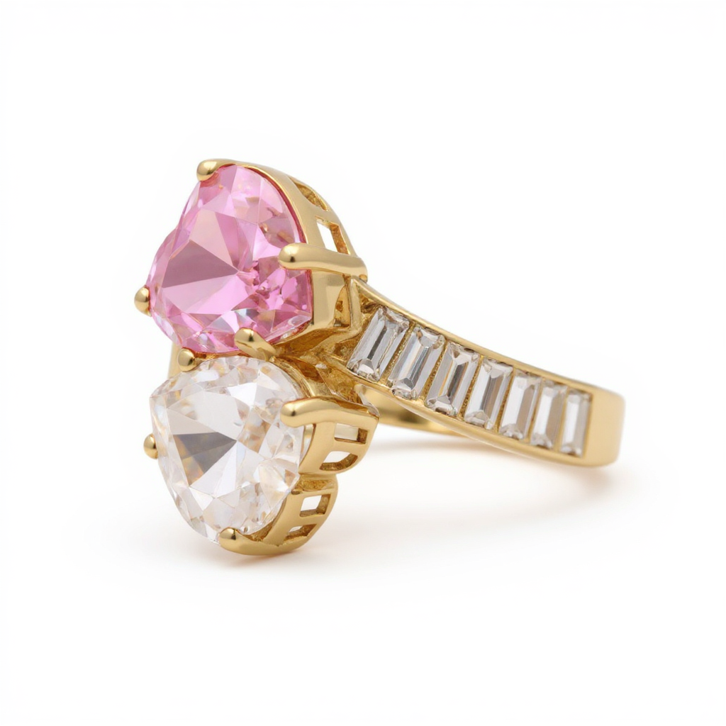 14K Yellow Gold Baguette Women's Ring with Two Hearts / Stone: Cz / Size: 8 / Weight 4.9 GR / BOWR4HR-13