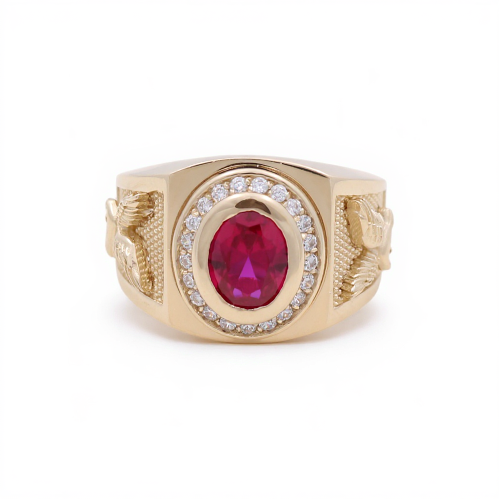 14K Yellow Gold Eagle Men's Ring with Red Cz / Size: 11.5 / Weight: 7.5 GR / DQMR4EG