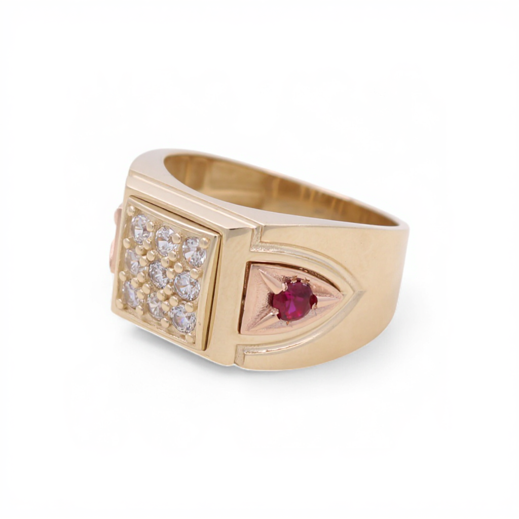 14K Yellow and Rose Gold Fashion Men's Ring with Red and White Cz / Size: 11.5 / Weight: 6.1 GR / DQMRTT4FS