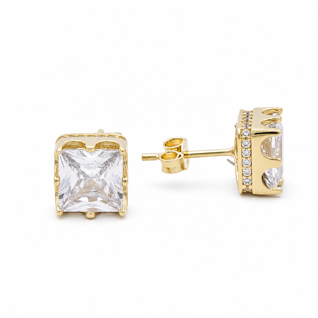 14K Yellow Gold Fashion Square Stud Earrings with Cz / Weight: 3.6 GR / DCFES4FS-1