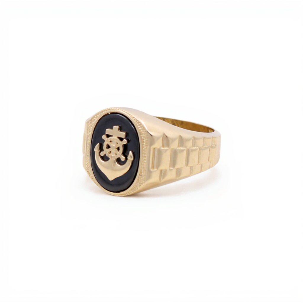 10K Yellow Gold Oval Anchor Men's Ring with Onyx / Size: 11 / Weight: 5.9 GR / CQMR0AN-2