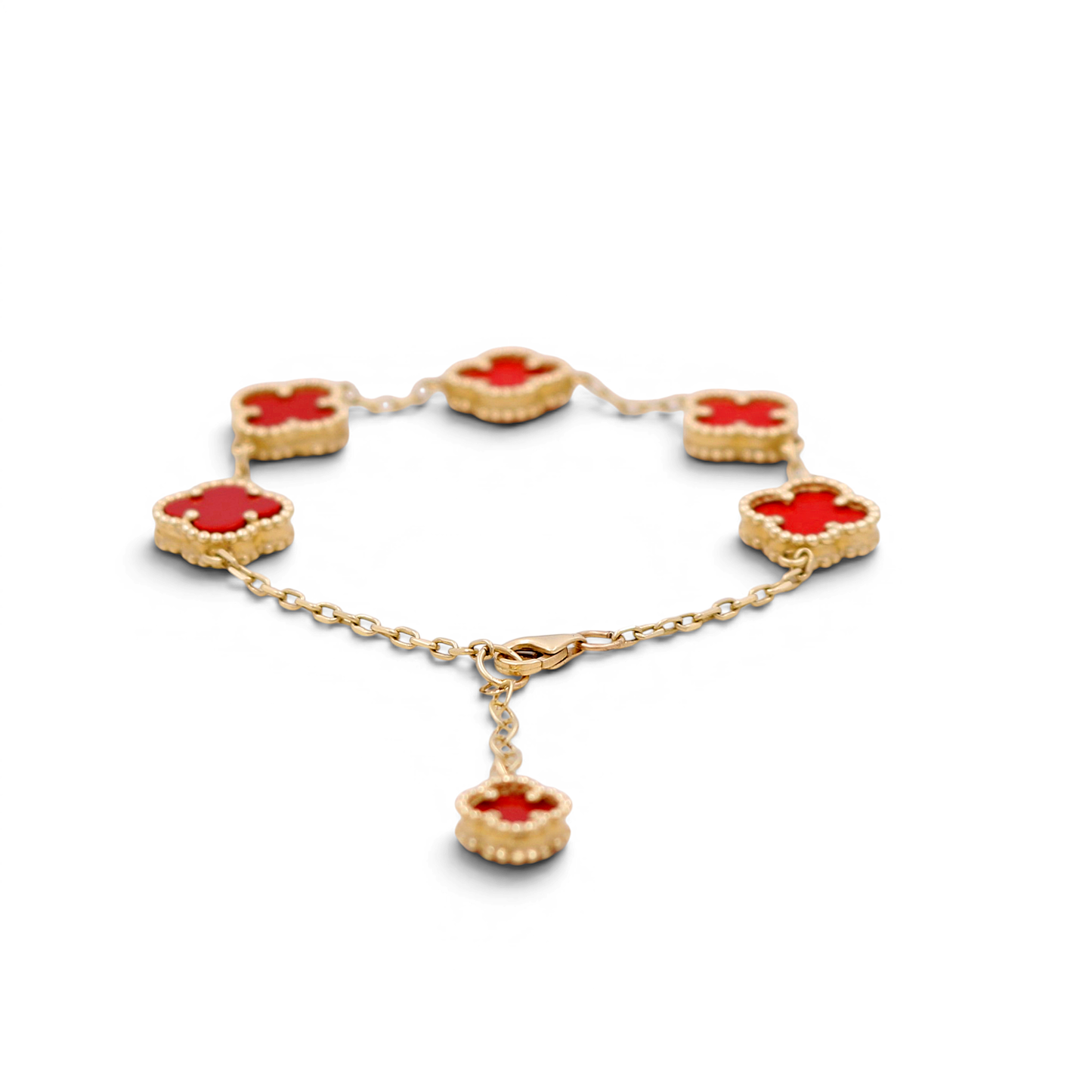 14K Yellow Gold Women's Bracelet with 5 Red Clover / Size 7" / Weight 8.7 GR / BOWB4CLV-6