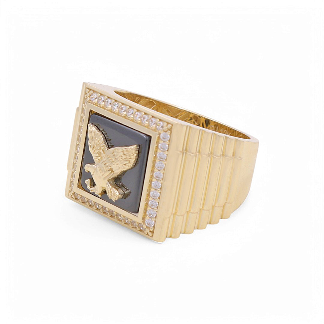 10K Yellow Gold Eagle SQ Men’s Ring with Onyx Stone / CZ / Size 11 / Weight: 10 GR / BPMR0EG-1