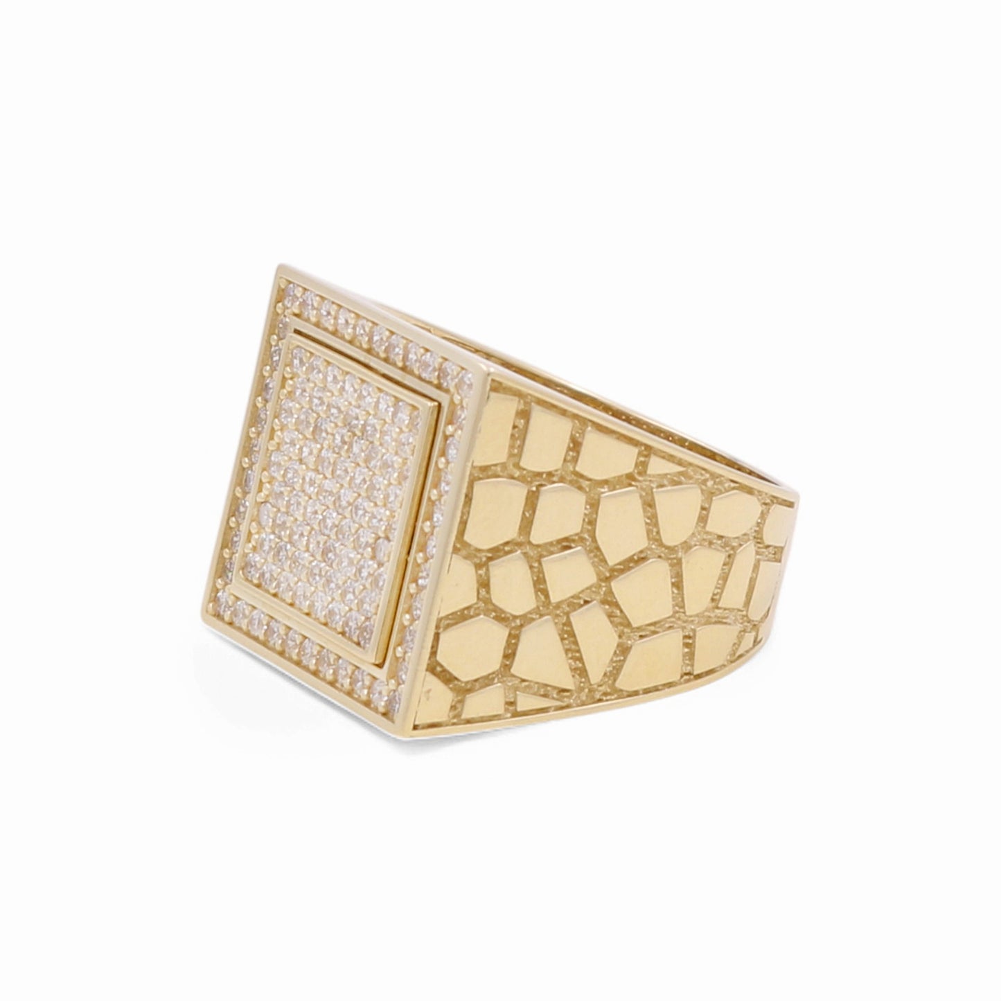 14K Yellow Gold SQ Nugget Men’s Ring with White Stones / Size 10.5 / Weight: 7.7 GR / M24-2