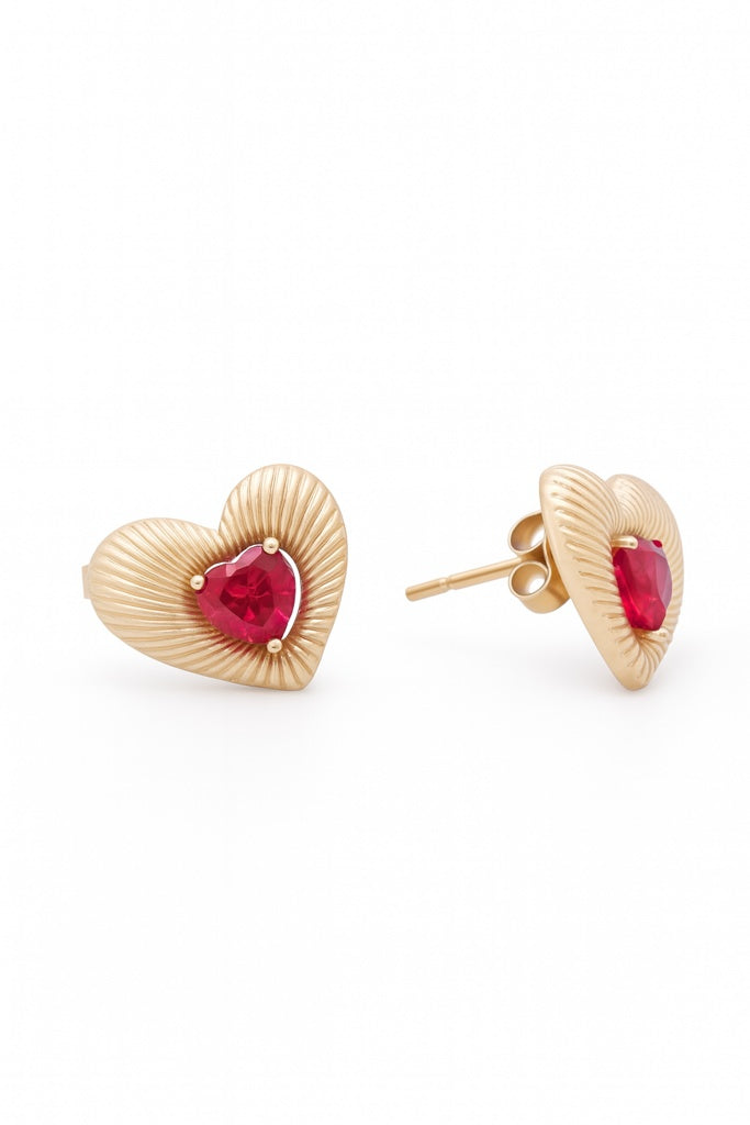 10K Yellow Gold Heart Women's Stud earrings with Red Cz / Weight: 2.7 GR /CQES0HR