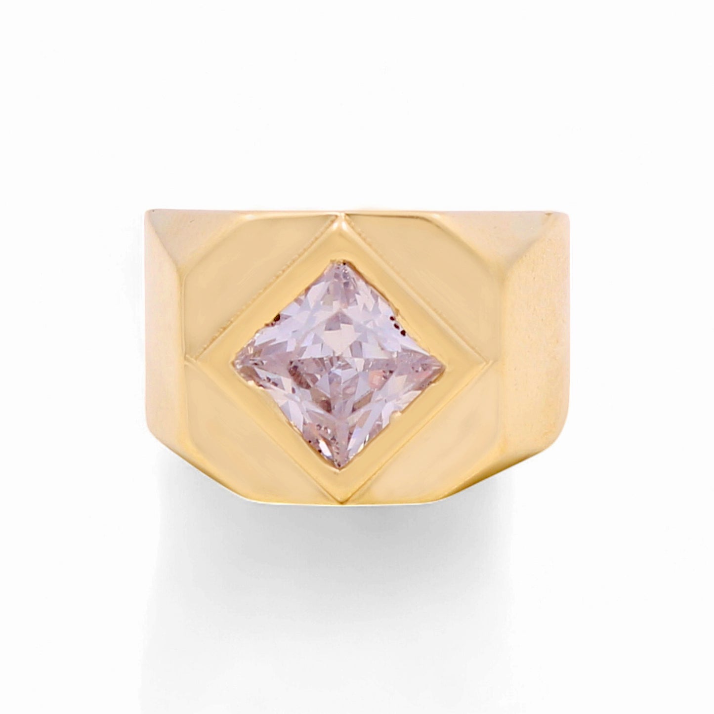 14K Yellow Gold Rhombus Men's Ring with White Cz / Size: 10 / Weight: 7.6 GR / BOMR4FS-43