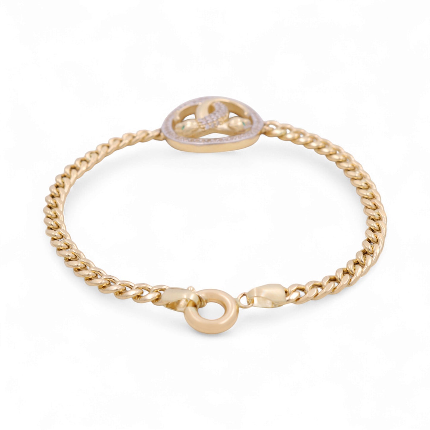 14K Yellow Gold Cuban Link Women's CC Bracelet with Panthers and Cz / Size: 7.5" / Weight: 8.6 GR / DOWB4CCPT