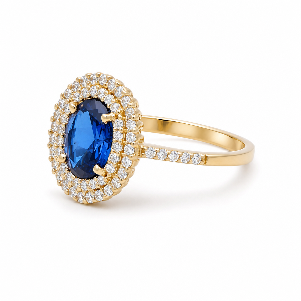 14K Yellow Gold Fashion Women's Rings with Blue and White Cz Stone / Size: 7.5 / Weight: 3.2 GR / 308-00169