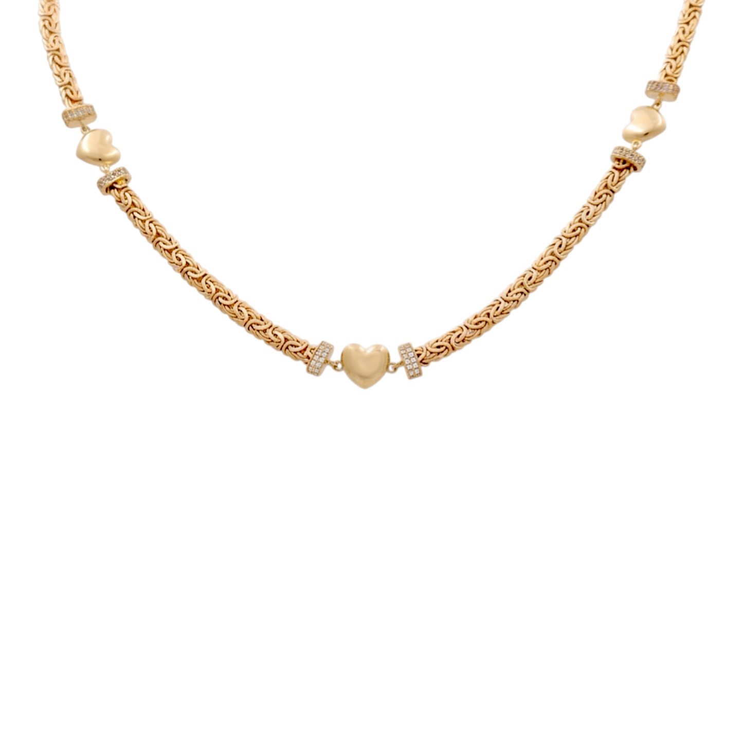 10K Yellow Gold Byzantine Link Women's Necklace with Three Hearts / Stone: Cz / Size: 17.5" / Weight: 13.3 GR / DQNK0BZHR-2