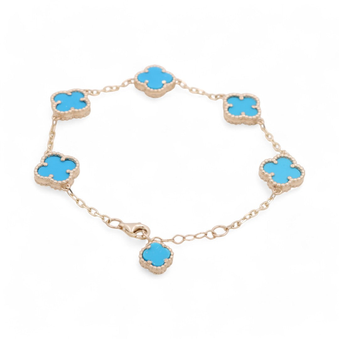14K Yellow Gold Women's Bracelet with 5 Light Blue Clover / Size 7.5" / Weight 13.6 GR / BOWB4CLV-6