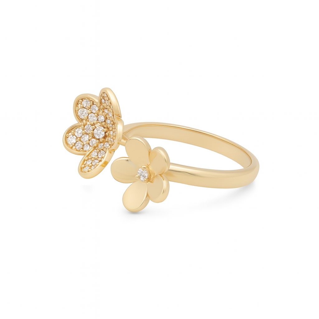 14K Yellow Gold Two Flowers Women's Ring with White Cz / Size: 9 / Weight: 3.3 GR / DQWR4FL-7