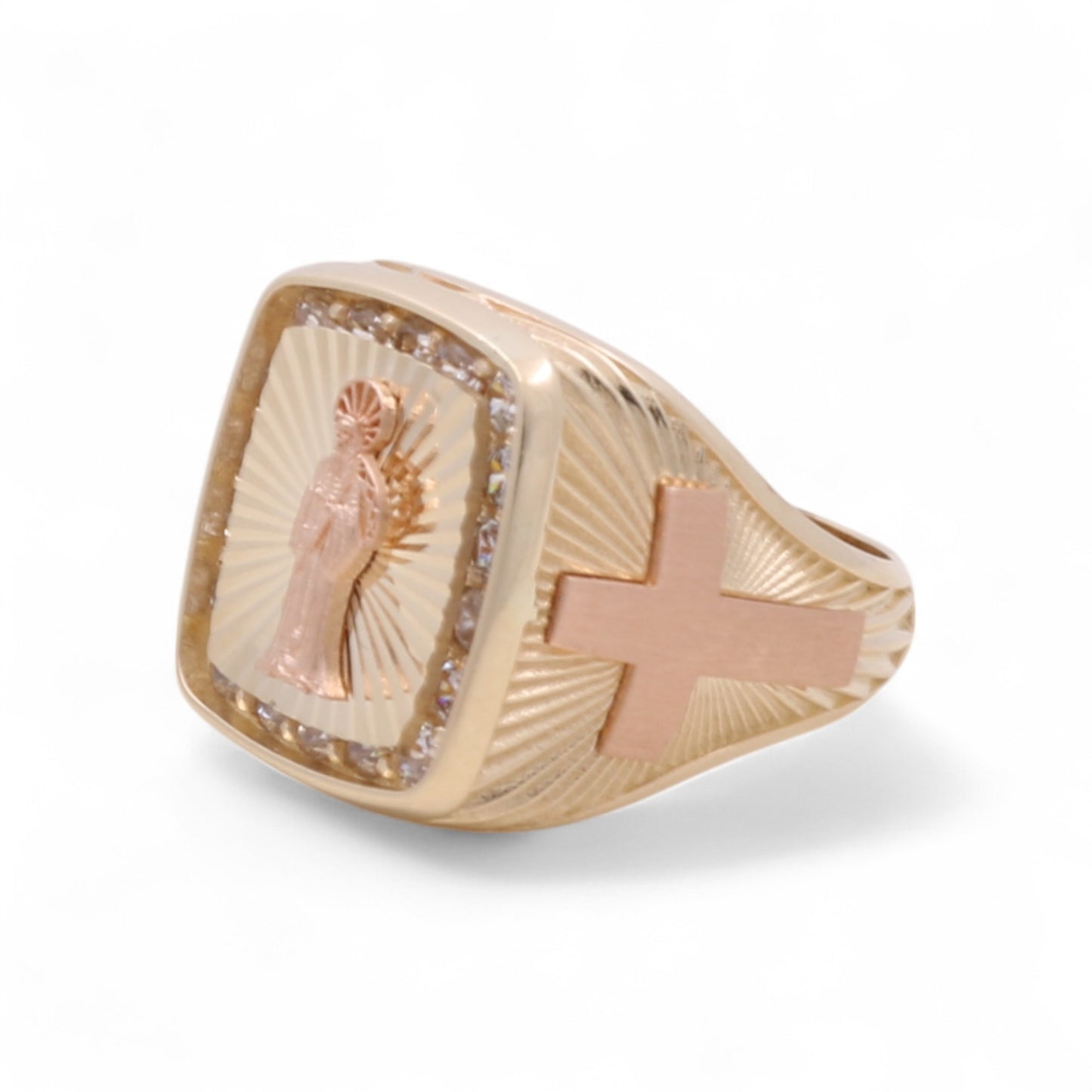 14K Yellow and Rose Gold Santa Muerte Men's Ring with White Cz / Size: 11 / Weight: 10.1GR / DQMRTT4FS-1