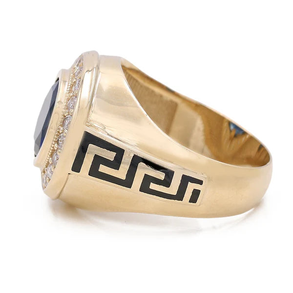 BOMR4FS-8 14k B Cz Size 11sz Weight 10.2gr Redondo Mens Ring with black enamel Greek and BLUE Cz