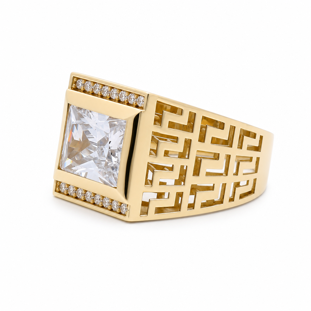14k Yellow Gold Square Men's Ring with Greek and Cz / Size 10 / Weight 8.1 GR / BOMR4FS-19