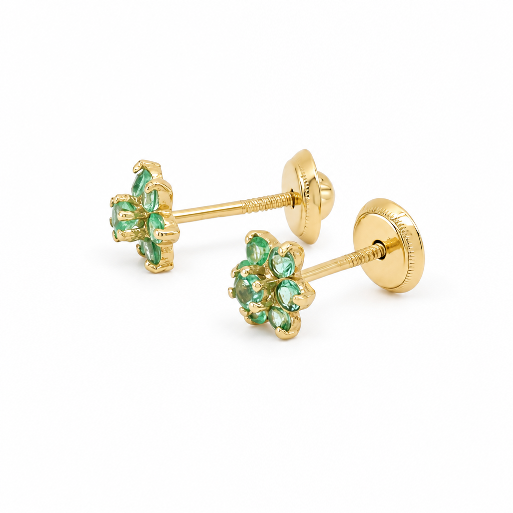 14k Yellow Gold Flower Stud Earrings with Emerald / 6-277701PNE