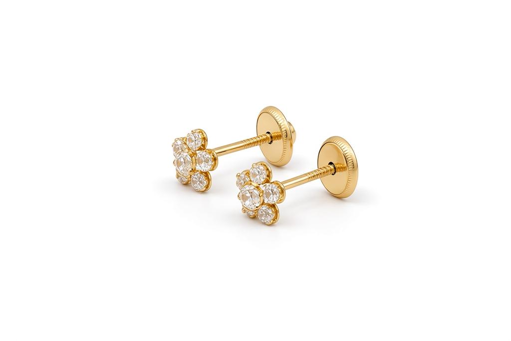 14K Yellow Gold Fashion Flower Stud Earrings with Cz / 6-399701PS5