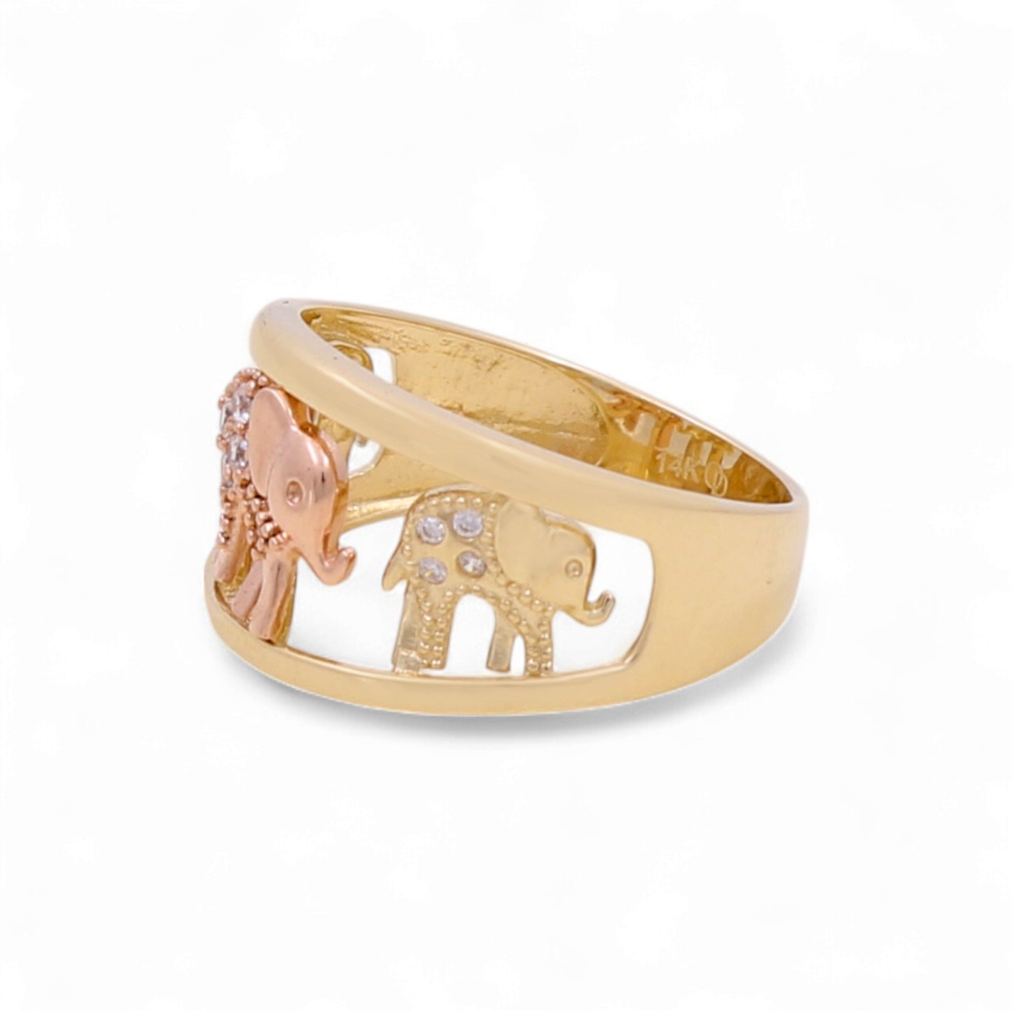 14K Yellow, Rose and White Gold three Elephants Women's Ring with Cz / Size: 7 / Weight: 3.2 GR / KEEWR3T4EP