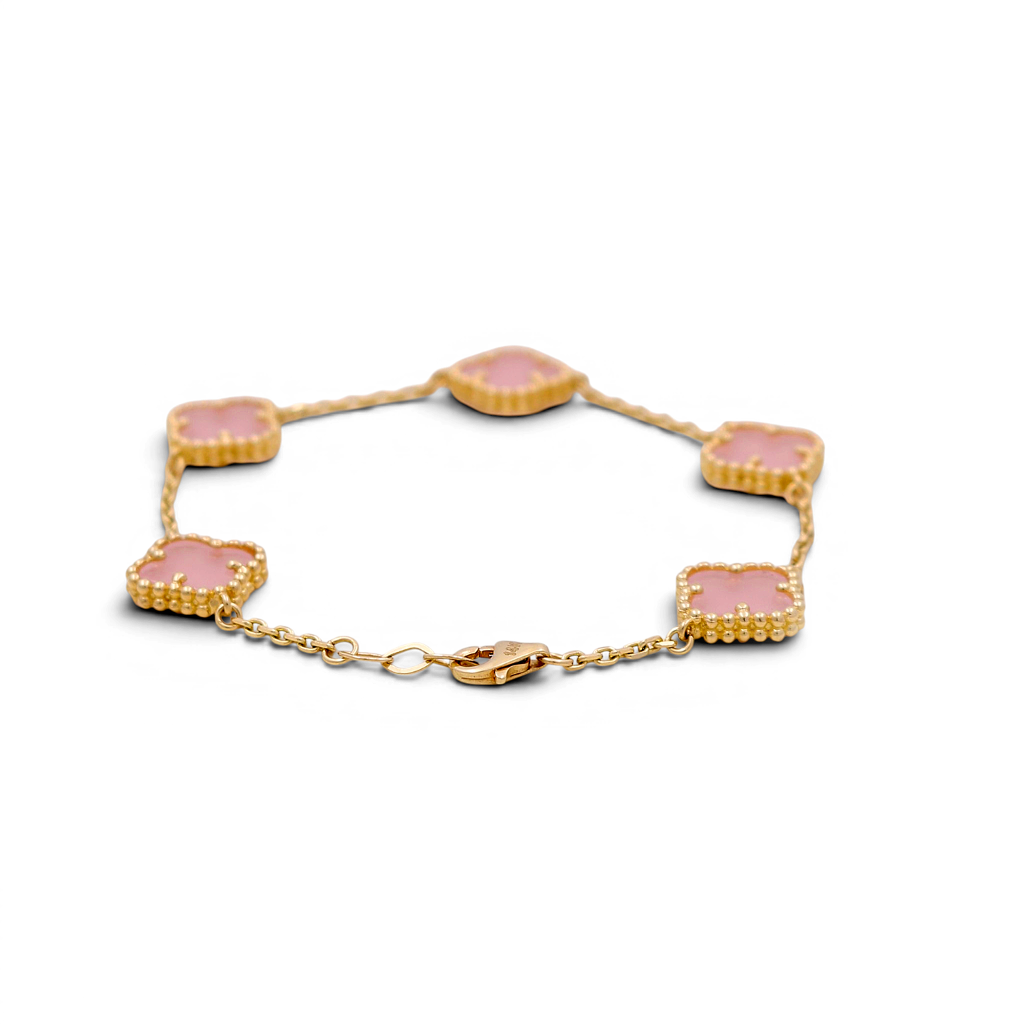 14K Yellow Gold Women's Bracelet with 5 Pink Clover / Size: 7" / Weight: 7.2 GR / BOWB4CLV-6