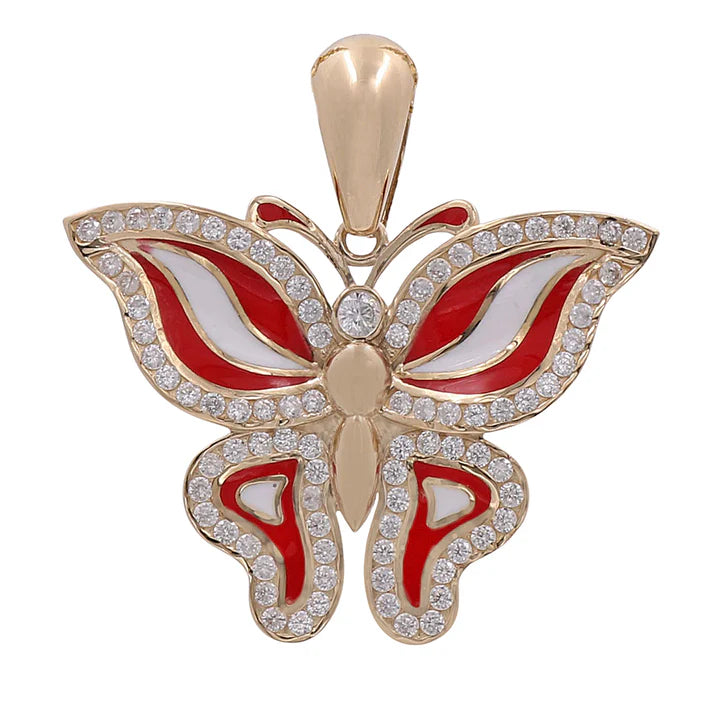 14K Yellow Gold Red and White Butterfly Pendant with Cz / Weight: 6.7 GR / COPD4BTW/RDCZ