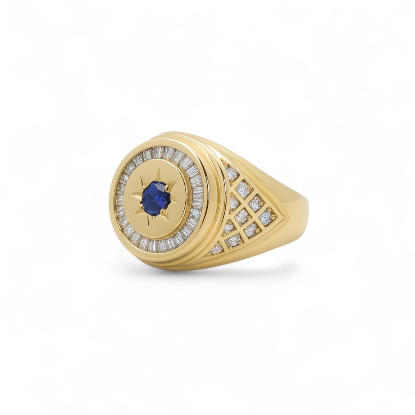 14K Yellow Gold Round Fashion Men's Ring with Blue Cz / Size: 11.5 / Weight: 8.7 GR / DQMR4FS