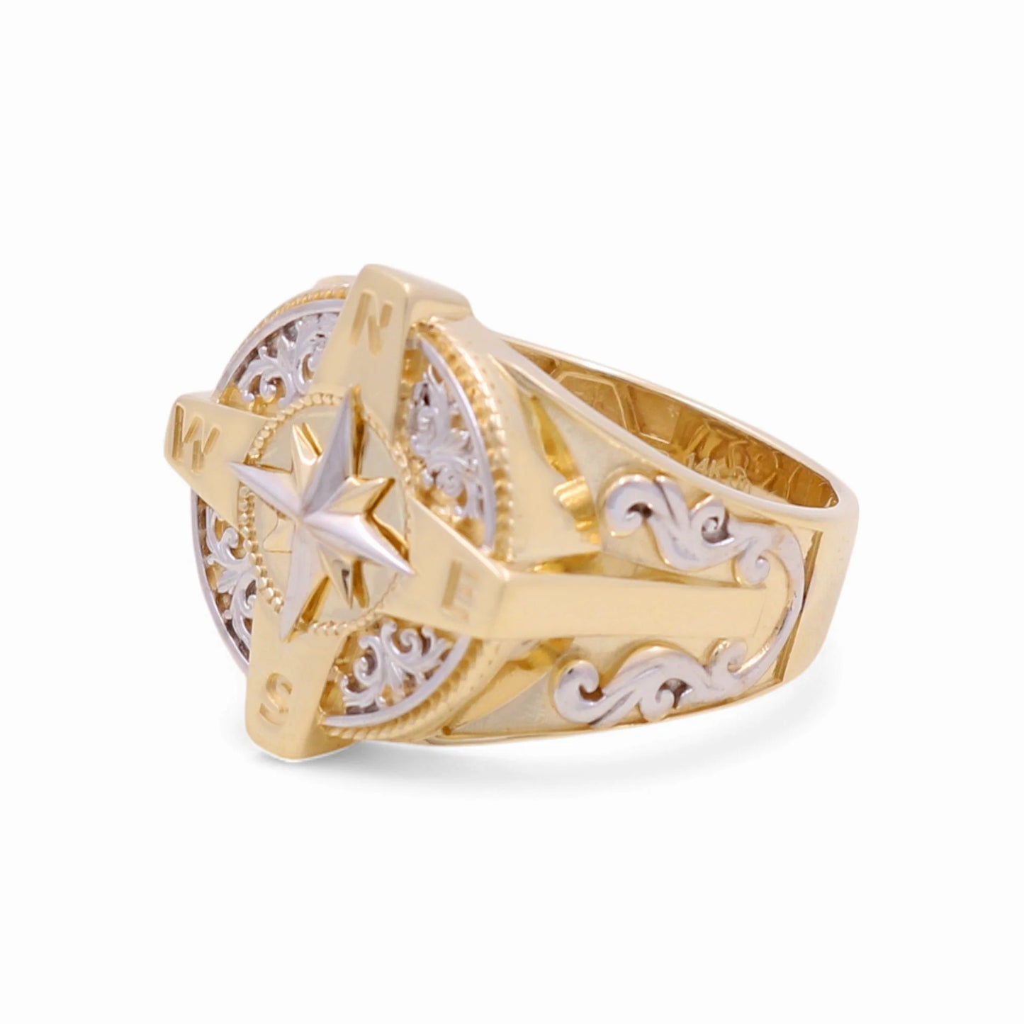 14K Yellow and White Gold Compass Men's Ring / Size: 10 / Weight: 5.8 GR / KEEMRTT4CP