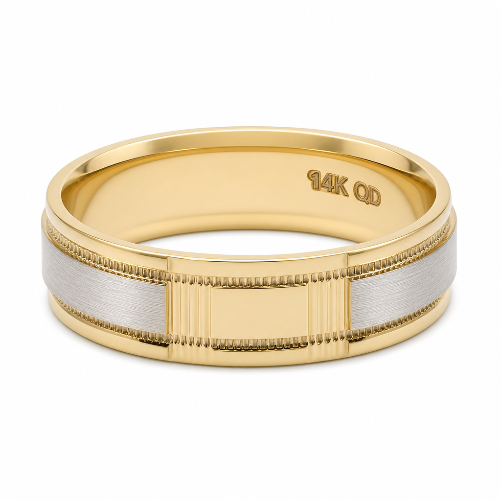 14K Yellow and White Gold Men's Wedding Band With Design / Size: 10 / Weight: 6 GR / WBEEMWBTT4DS-2