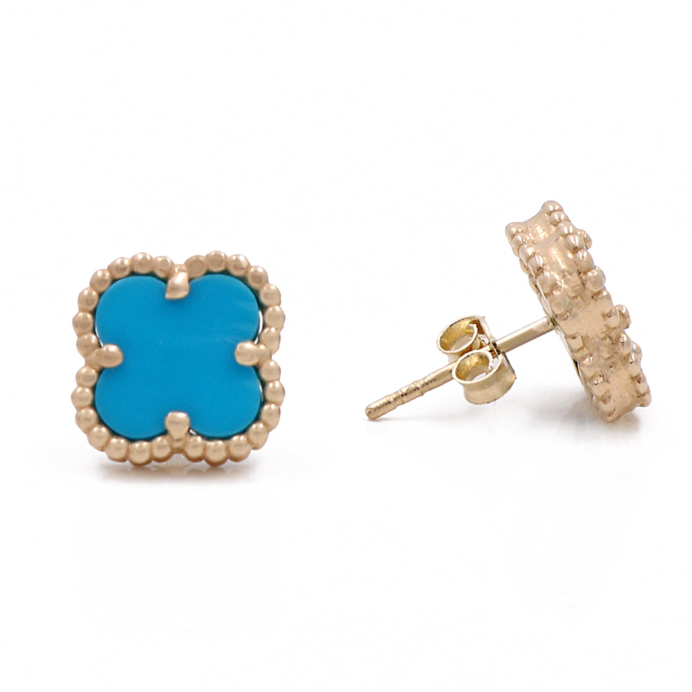 14K Yellow Gold Fashion Flower Blue Stone Earrings