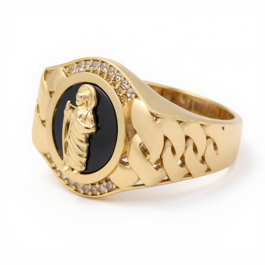 10K Yellow Gold San Judas RD Men's Ring with Onyx and Cz / Size: 11 / Weight: 7.6 GR / CQMR0SJ