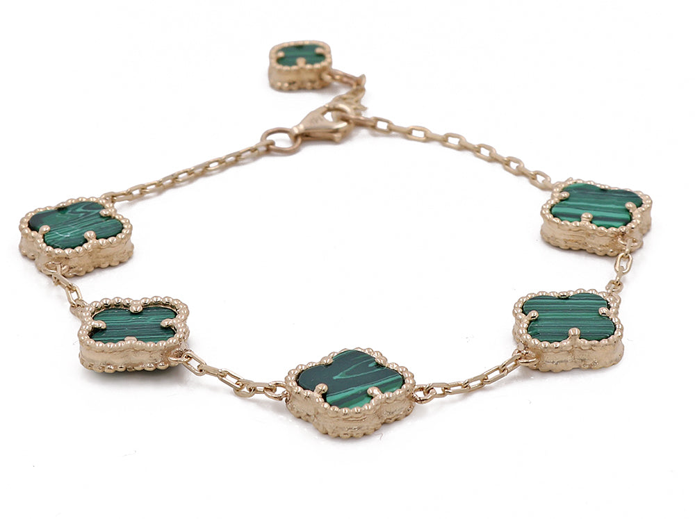 14K Yellow Gold Fashion 5 Flowers Green Stones Bracelet