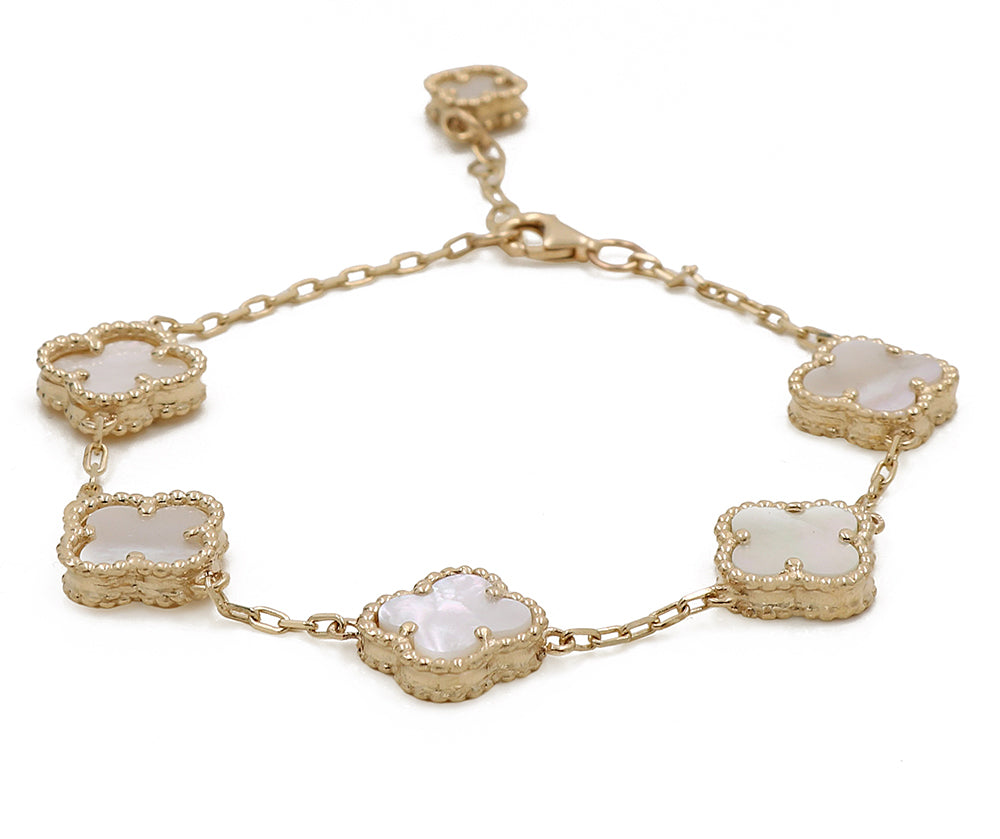 14K Yellow Gold Fashion 5 Flowers Mother of Pearl Bracelet
