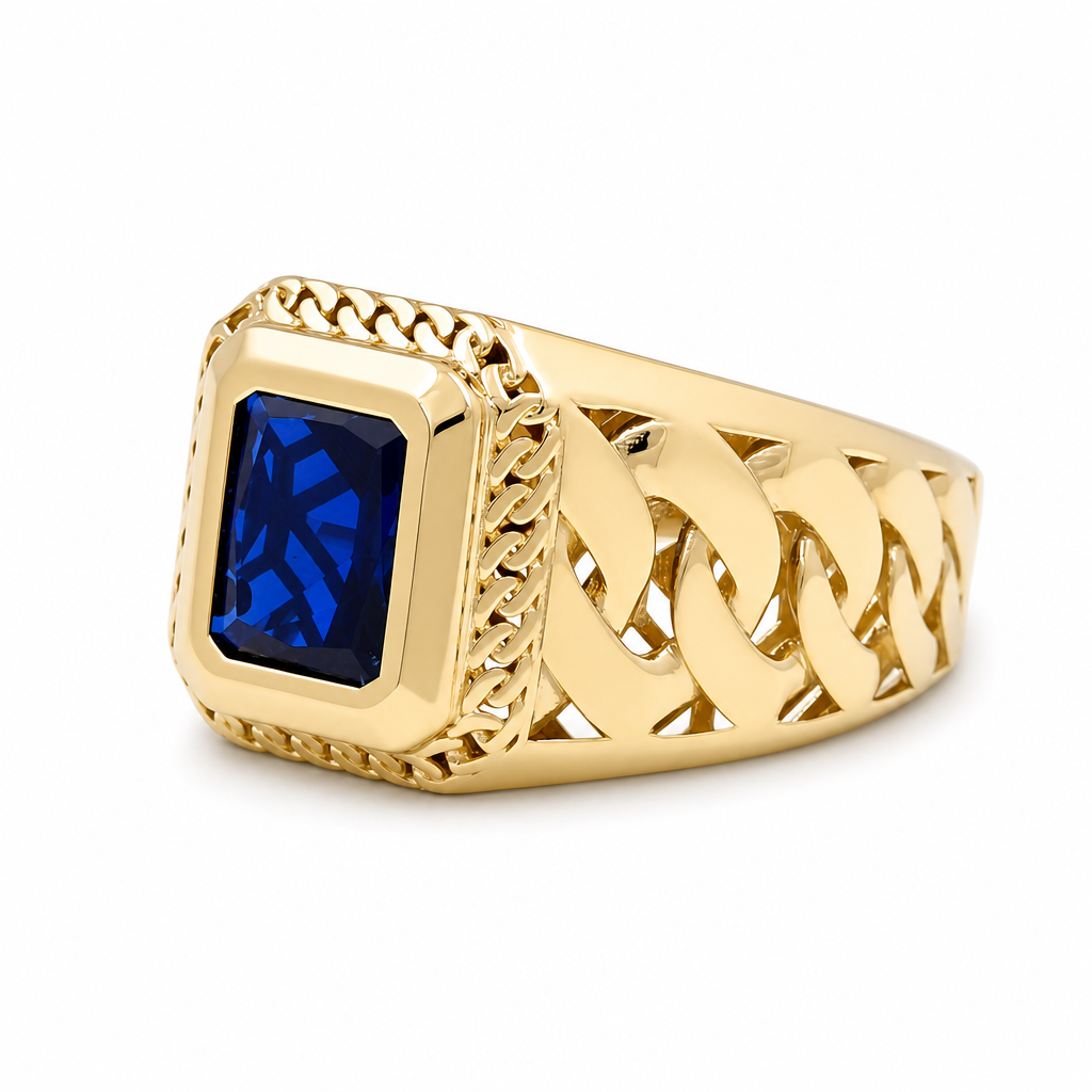 10K Yellow Gold Fashion Men's Ring with Royal Blue Cz Stone/ Size: sz:12 / Weight: 5.7 GR / DQMR0FS-11