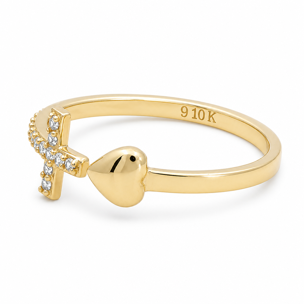 10K Yellow Gold Cross and Heart Women's Ring with Cz / Size: 8.5 / Weight: 0.9 GR / DQWR0CS