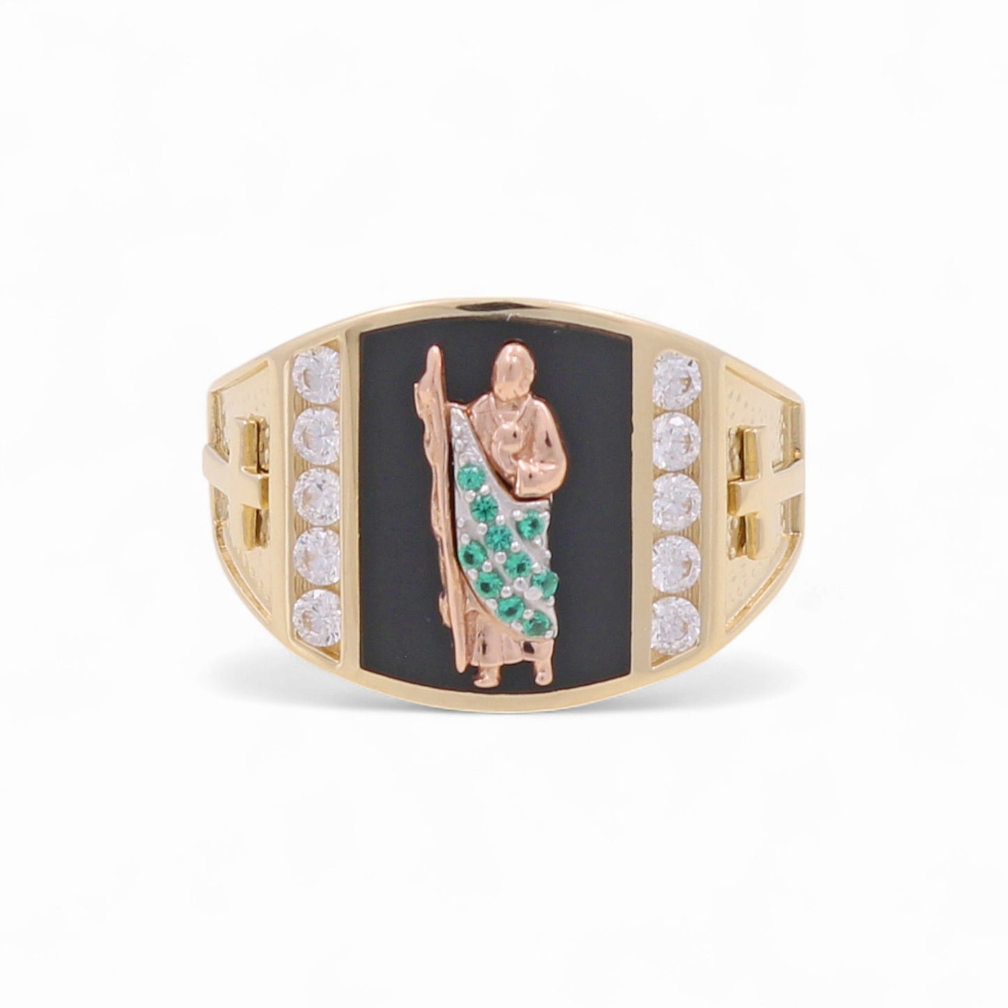 14K Yellow and Rose Gold San Judas Men's Ring with Onyx and CZ / Size: 10 / Weight: 7.5 GR / KEEMR4TTSJ-1