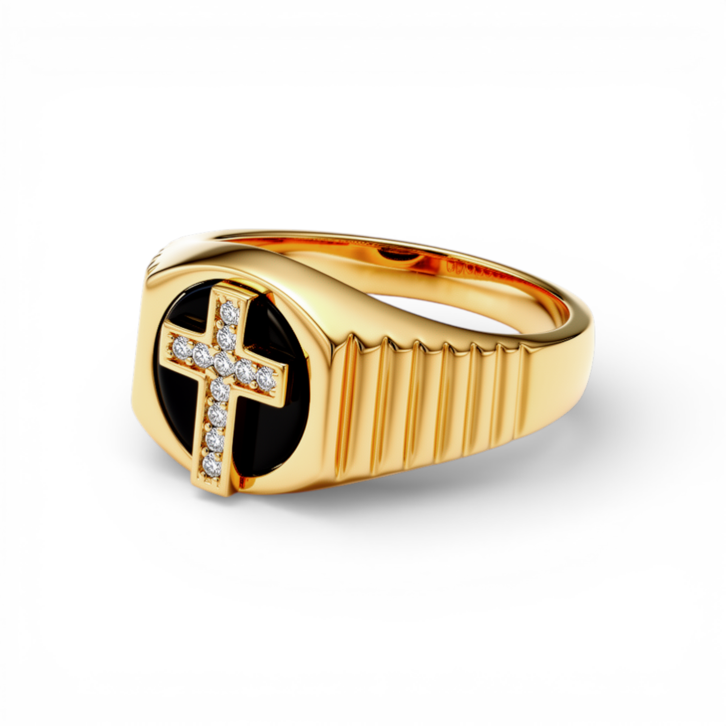 10K Yellow Gold Round Kids Ring with Cross and Onyx / Stone: Cz / Size: 5.5 / Weight: 2.3 GR / DQKR0CS