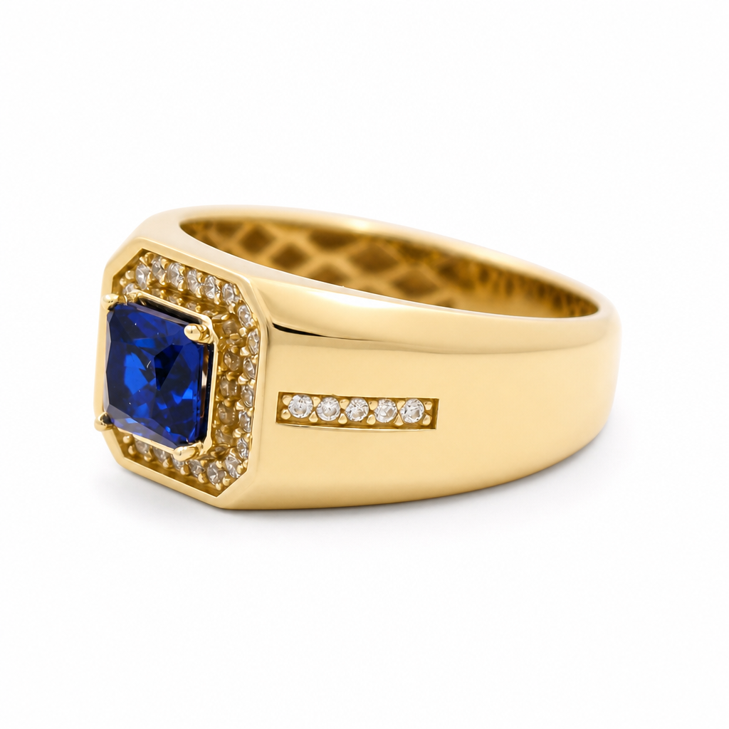 10K Yellow Gold Men's Ring with Cz and Royal Blue Stone / Size: 10 / Weight: 5.1 GR / 602-00214