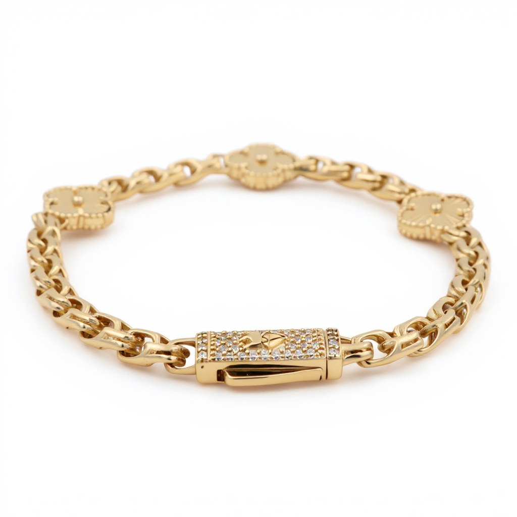 10K Yellow Monaco Women's Bracelet With Three Gold Clover and Chinese Link / Size: 7.5" / Weight: 10.6 GR / COWB0CLV-2